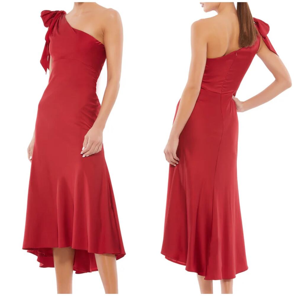 Mac Duggal NWT Satin One Shoulder Midi Dress Deep Red Size 4 Bow Tie Shoulder